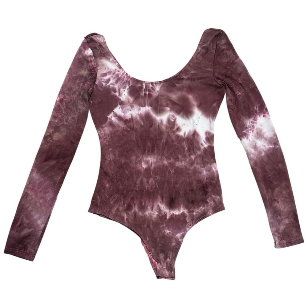 Hiatus Burgundy Tie Dye Long Sleeve Scoop Neck Bodysuit Women XS Indie Sleaze‎